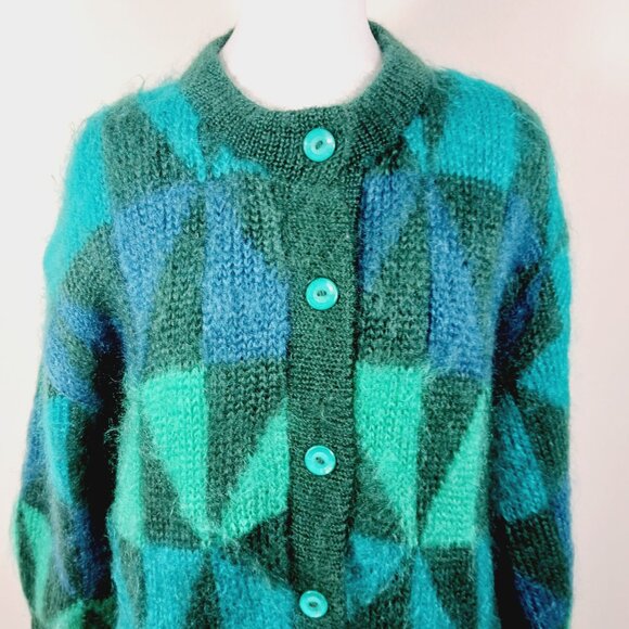 Mohair Label Irish Mohair & Wool Geo Print Cardigan, Greens & Peacock Blue ? Med - Picture 11 of 16